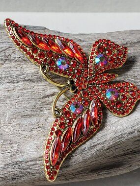 New Red Rhinestone Butterfly Brooch Gold Tone Metal Base AB Stones